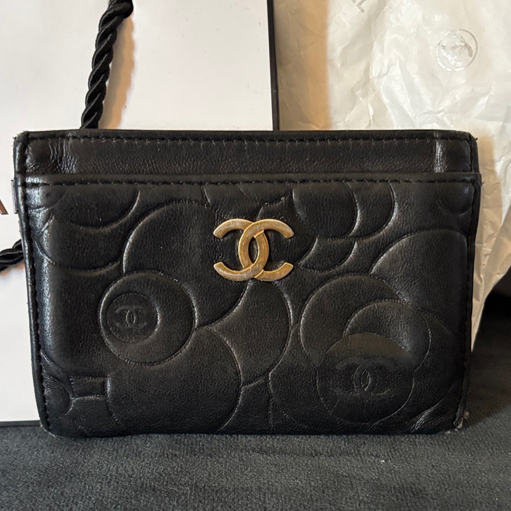 Chanel Black Leather Card Holder with Gold Logo